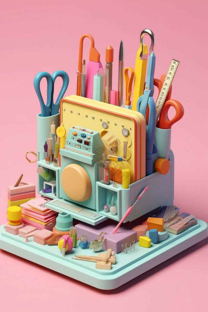 清潔用品與文具用品的矢量數字藝術融合